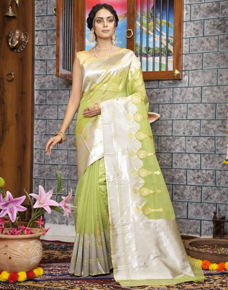 Buy Satrani Woven, Embellished, Self Design Banarasi Organza Green