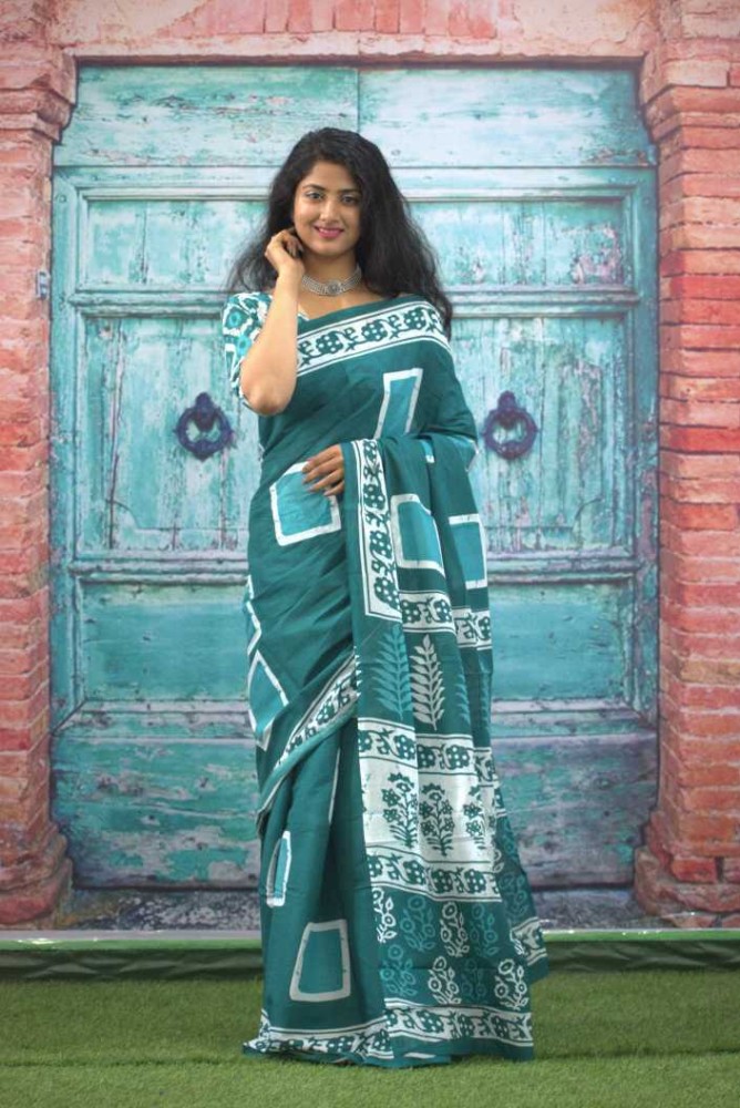 Buy Pallo Latke Blocked Printed Daily Wear Pure Cotton Blue Sarees Online @  Best Price In India | Flipkart.com