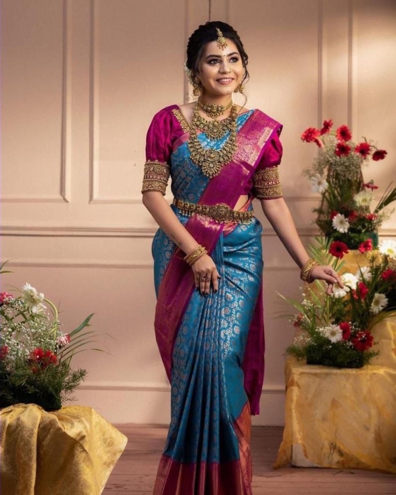 Buy TopJec Embellished Banarasi Cotton Silk Blue Sarees Online