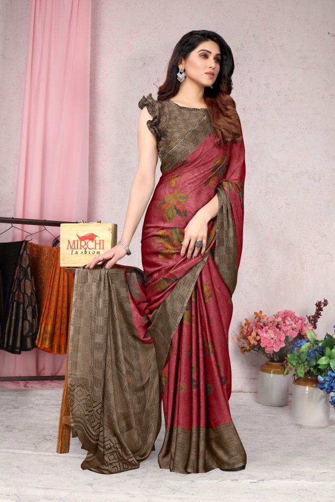 Women Plain Weave Chiffon Floral Printed Saree with Blouse Piece – Mirchi  Fashion