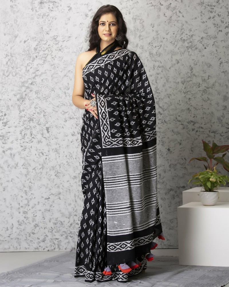 Buy dutta saree centre Printed Handloom Pure Cotton Black Sarees Online @  Best Price In India | Flipkart.com