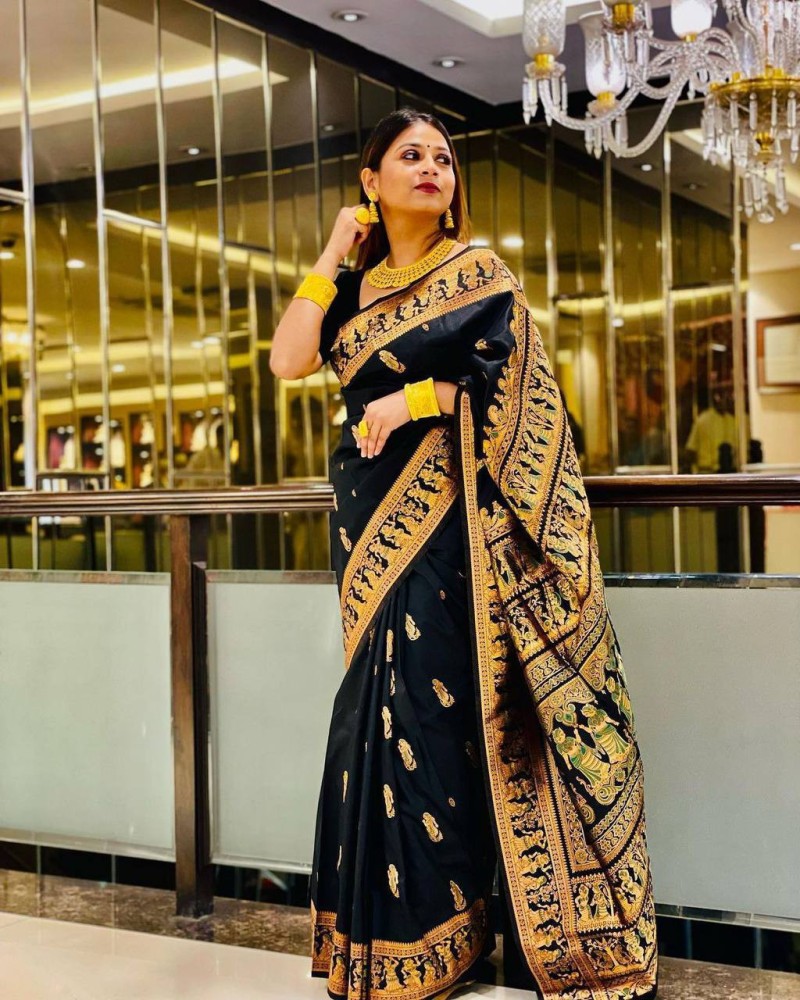 Black saree with golden border flipkart sale