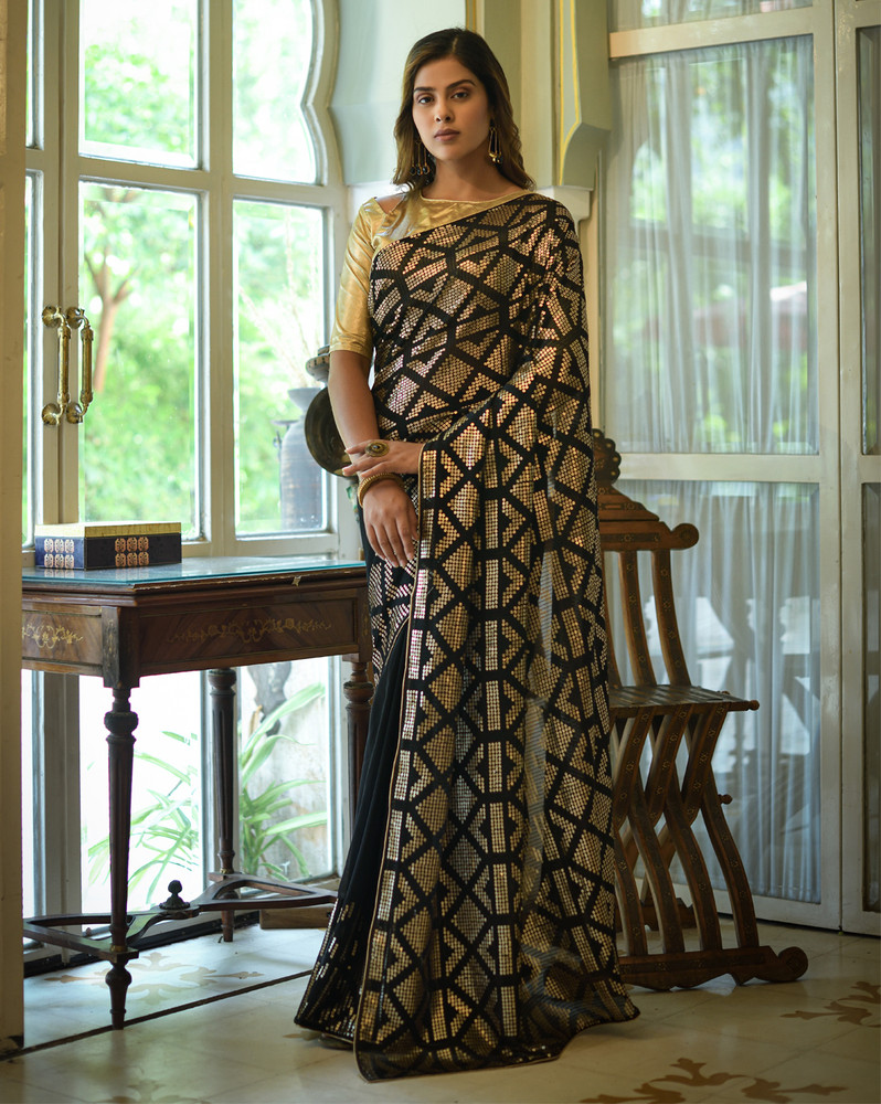 Buy NAVLIK Woven Self Design Banarasi Georgette Black Sarees