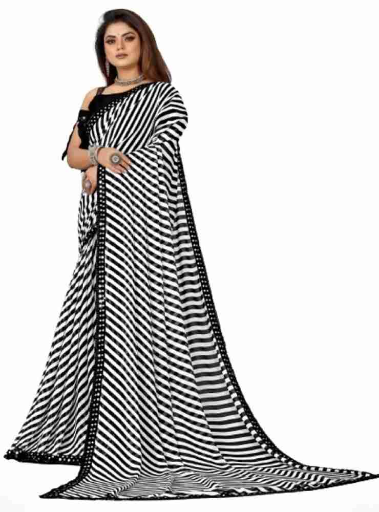 Women Plain Weave Georgette Satin Stripes Pattern Solid Saree with