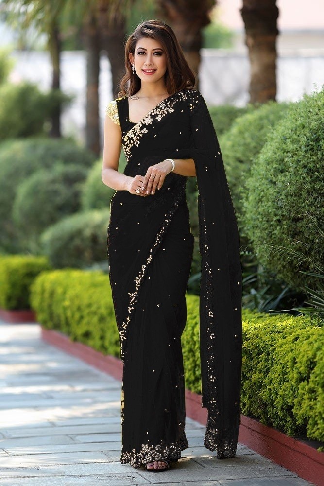Black Saree Georgette Sari Sequins Work Saree With Blouse Indian Bollywood  Dress | eBay