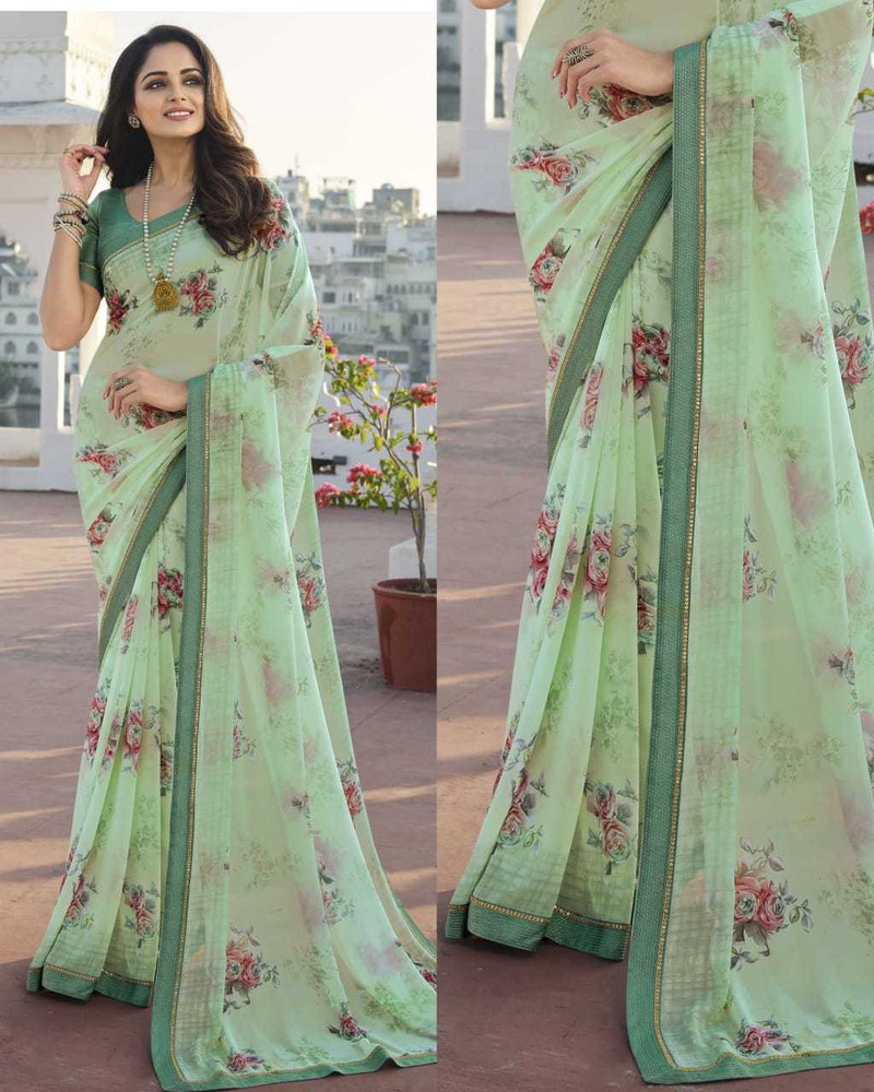 Buy peer store Printed, Self Design, Graphic Print, Floral Print,  Checkered, Solid/Plain Daily Wear Georgette, Chiffon Light Green, Green  Sarees Online @ Best Price In India | Flipkart.com