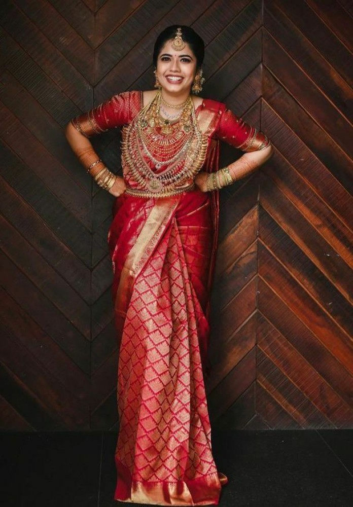 Gajari Golden Print Pure Banarasi Silk Wedding Party Wear Designer Saree.  Buy online shopping sarees at - USA.