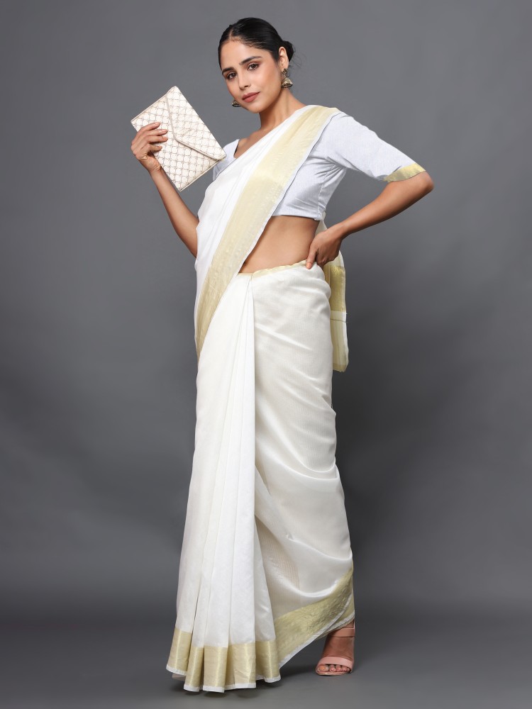 Kasavu Cotton Blend White Saree With Blouse