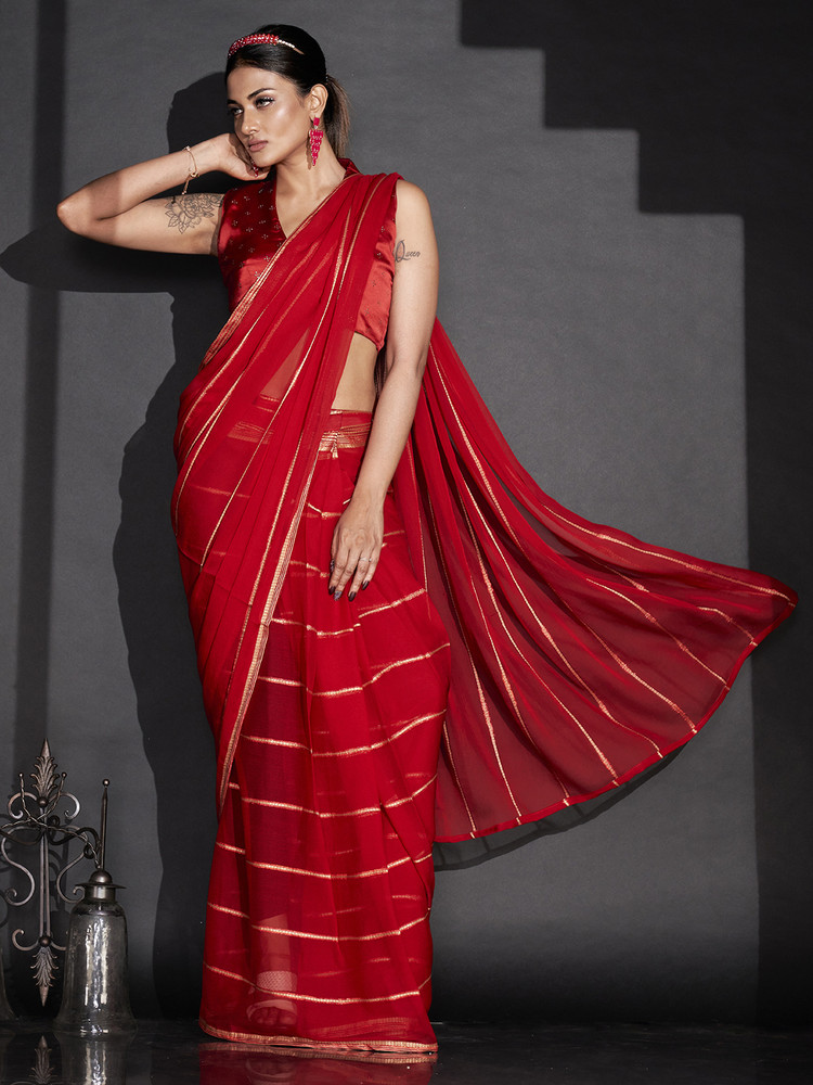 Buy Ready To Wear By Tikhi Imli Striped Bollywood Georgette Red