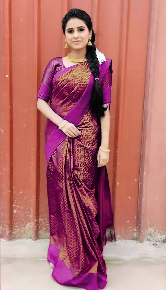 Buy Magneitta Striped Kanjivaram Tissue, Cotton Silk Purple Sarees Online @  Best Price In India | Flipkart.com