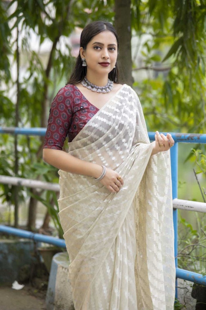 White And Off White Sarees | White Silk Saris For Wedding