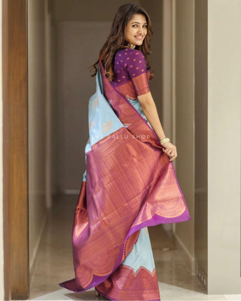 Buy LOOKOUT Woven Kanjivaram Silk Blend Blue Sarees Online @ Best