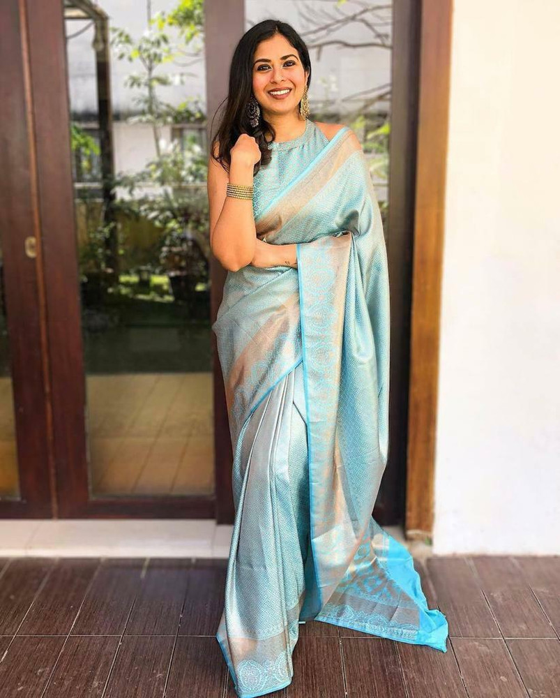 Buy RBPRODUCT Solid Plain Banarasi Cotton Silk Blue Sarees Online