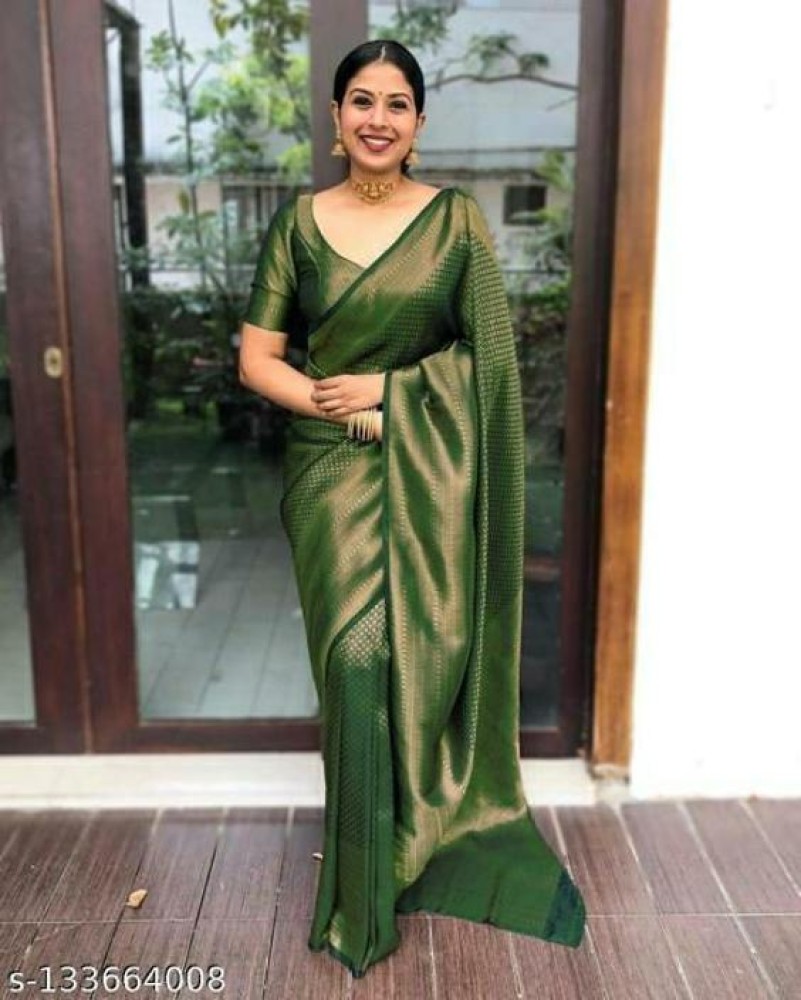 Buy Bottle Green Zari Woven Banarasi Silk Saree Online