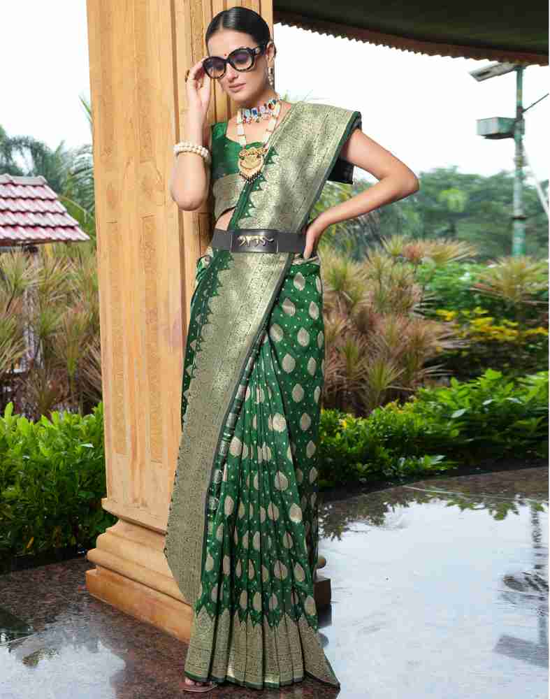 Satrani Pista Green Embroidered Saree With Unstitched Blouse