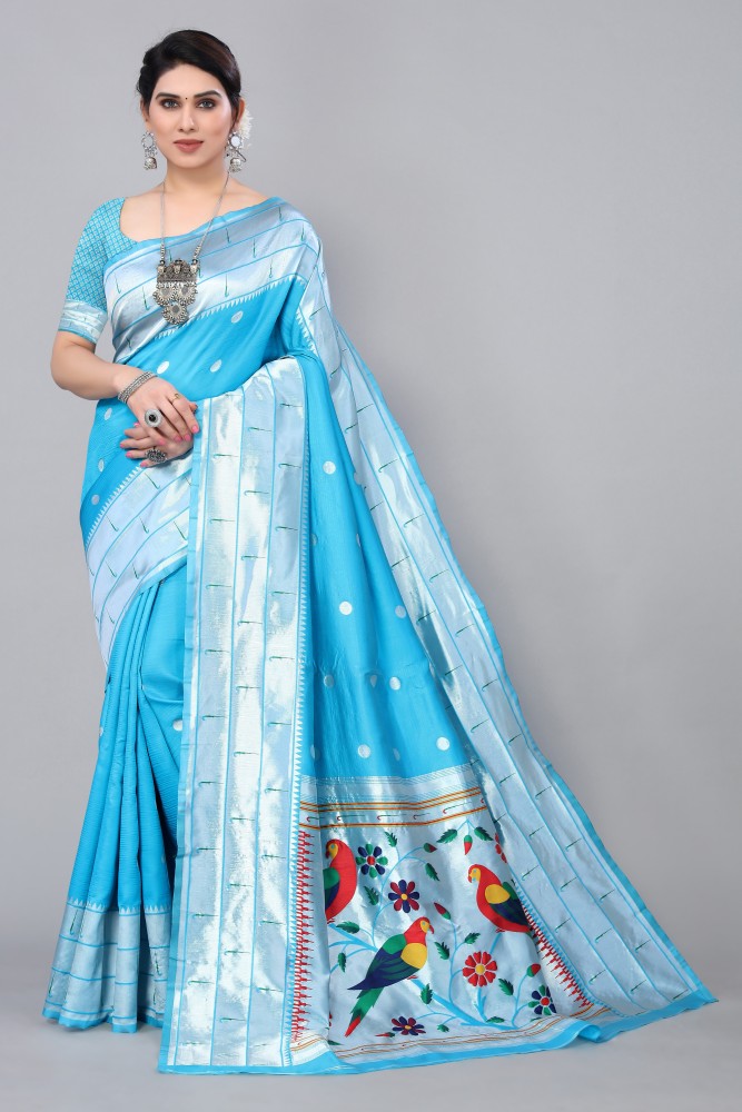 Buy Bandhani Hub Woven Paithani Silk Blend Blue Sarees Online @ Best Price  In India