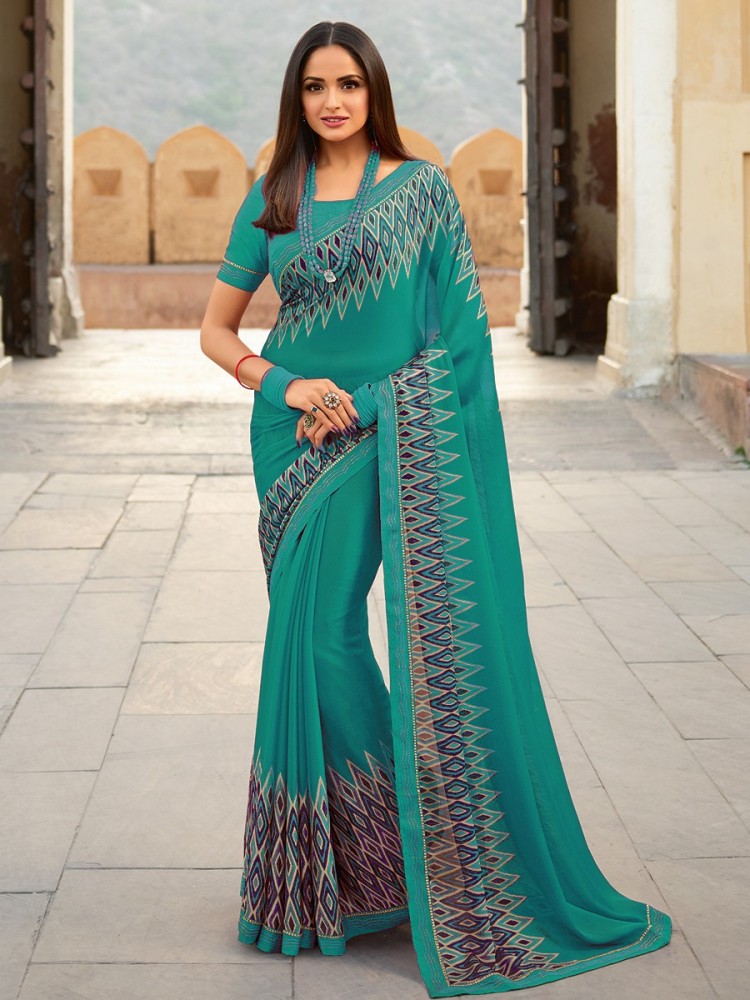 Buy peer store Printed, Self Design, Graphic Print, Floral Print,  Checkered, Solid/Plain Bollywood Georgette, Chiffon Green Sarees Online @  Best Price In India