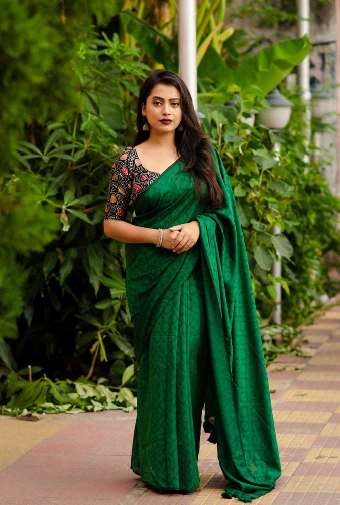 handloom plain saree with kalamkari blouse online shopping