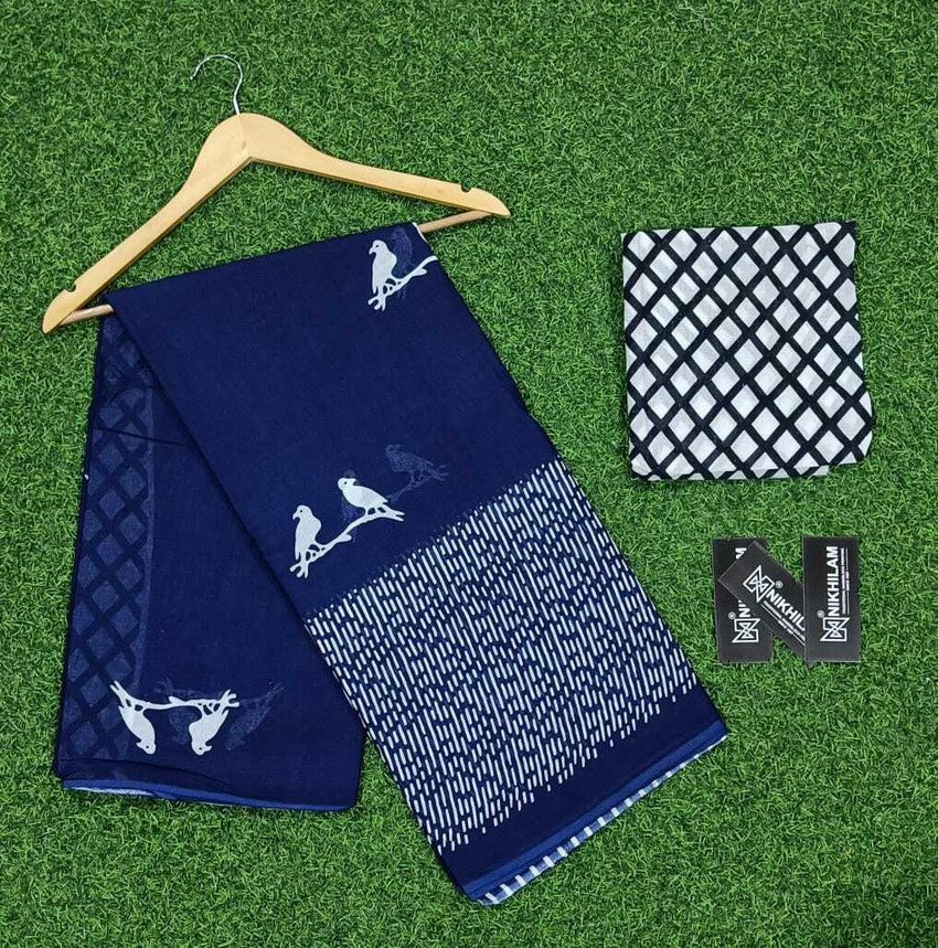 Buy NIKHILAM Printed Daily Wear Pure Cotton Dark Blue Sarees