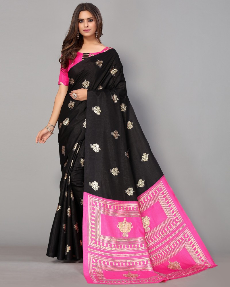 Black plain Mysore Silk Saree with self-border & pallu highlighted with  strip designs in zari