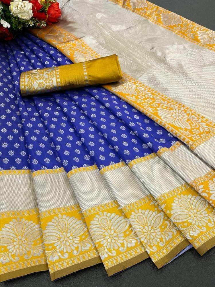 Buy LOOKOUT Woven Kanjivaram Silk Blend Blue Sarees Online @ Best