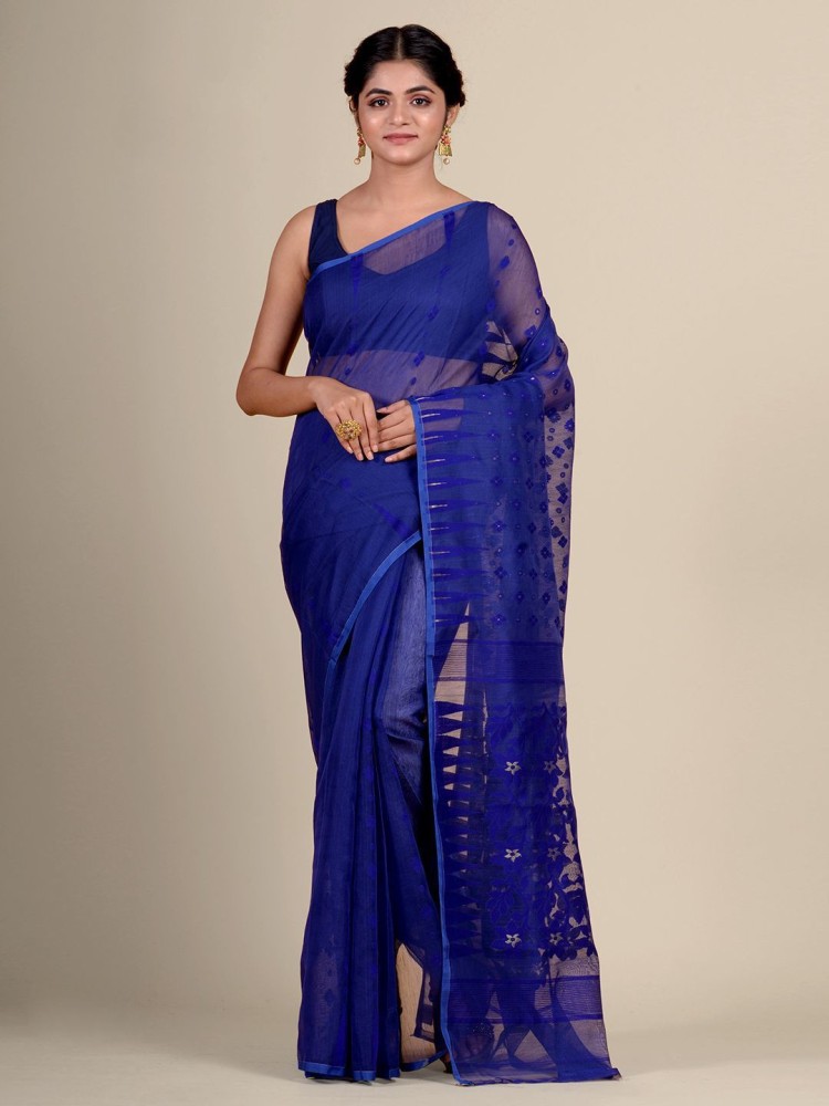 Tvis and Bliss. Royal Blue and Multi Colour Dhakai Jamdani Patli Pallu Soft  Handloom Cotton Saree