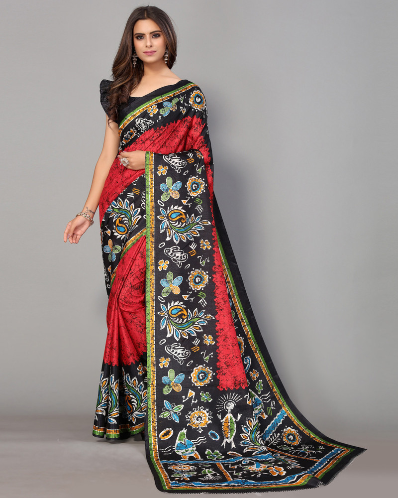 Buy BHAKARWADi Floral Print Kalamkari Tussar Silk Red Sarees Online @ Best  Price In India | Flipkart.com