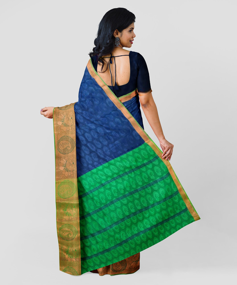 Tvis and Bliss Parrot Green and Peacock Blue Bhagalpuri Silk Saree with  Temple Border