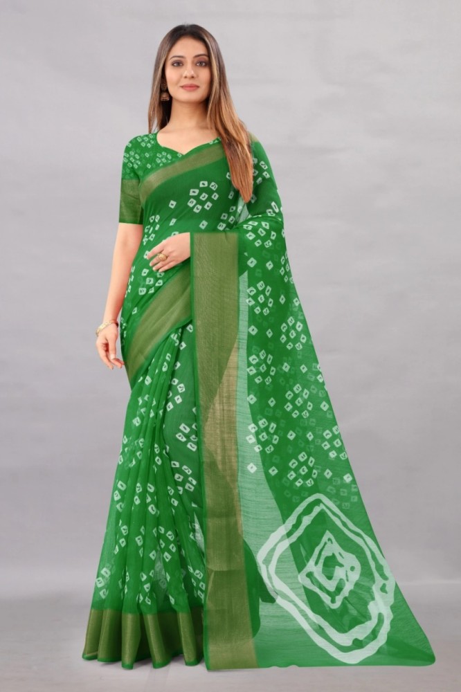 Buy inch pinch Printed Bandhani Cotton Blend Green Sarees Online Best Price In India Flipkart