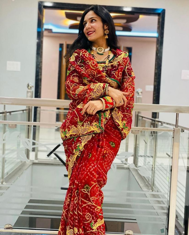 Buy KRIYANSH Woven Printed Applique Embellished Bandhani Georgette Red Sarees Online Best Price In India Flipkart
