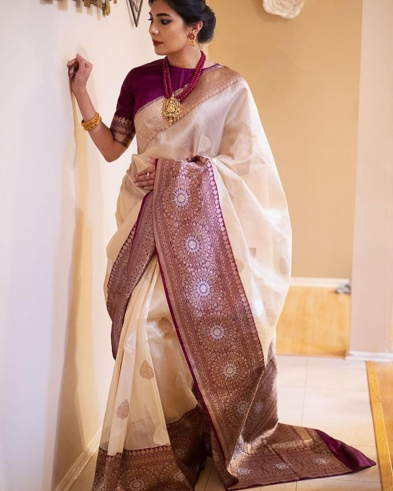 Buy sheladiya Printed Banarasi Cotton Silk Cream Sarees Online Best Price In India Flipkart