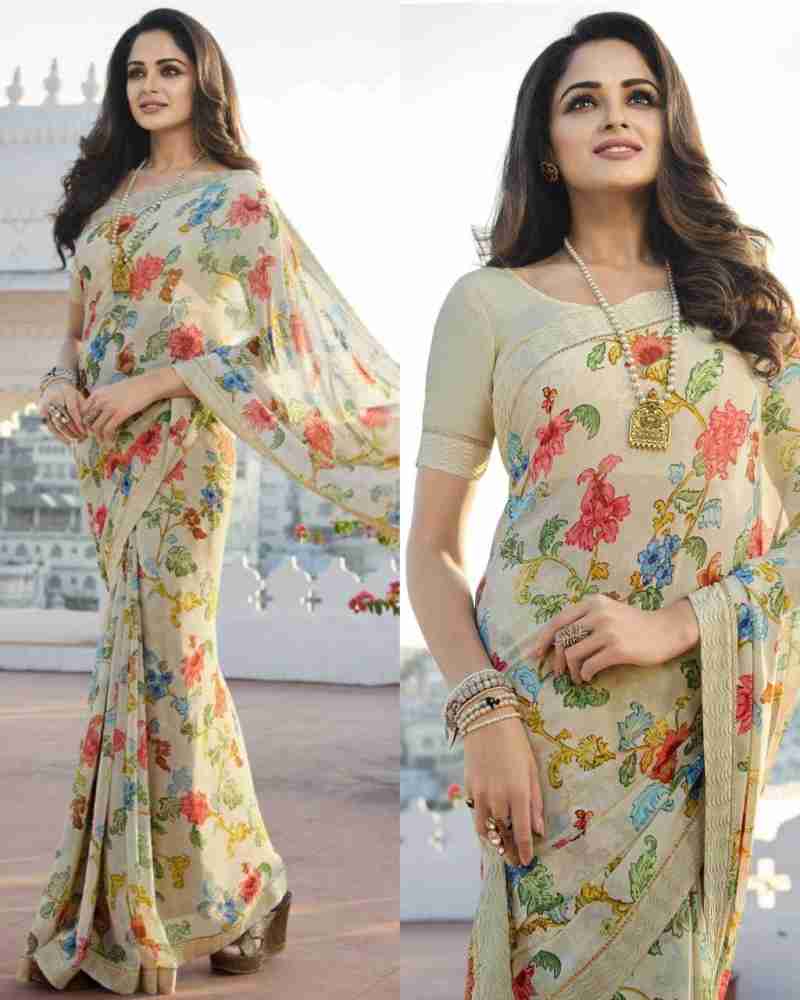 Peach Printed Chiffon Saree- Frontier Raas