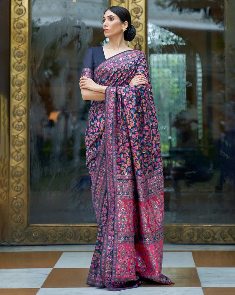 Buy AWRIYA Embellished Embroidered Paisley Woven Kalamkari Silk Blend Blue Sarees Online Best Price In India Flipkart