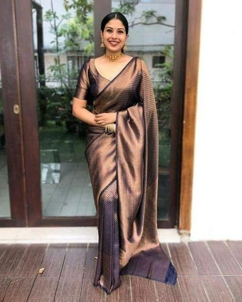 Buy Sarvada Self Design Embellished Woven Kanjivaram Silk Blend Jacquard Dark Blue Sarees Online Best Price In India Flipkart