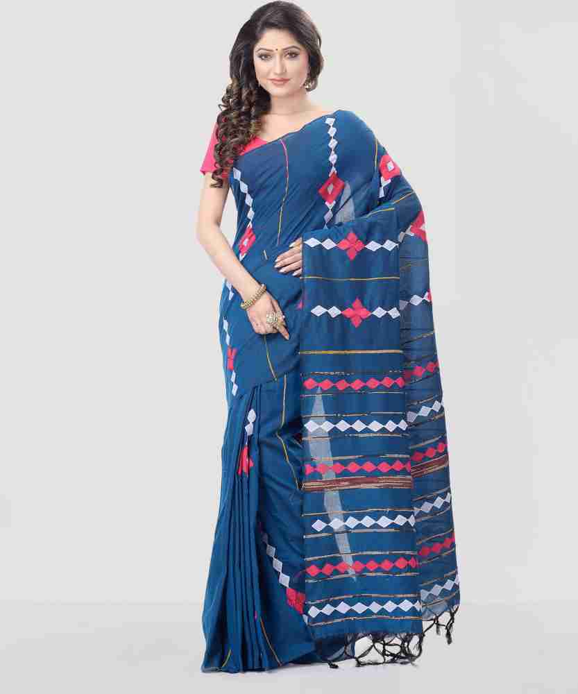 Buy Balika bodhu Solid/Plain Handloom Pure Cotton Blue, White