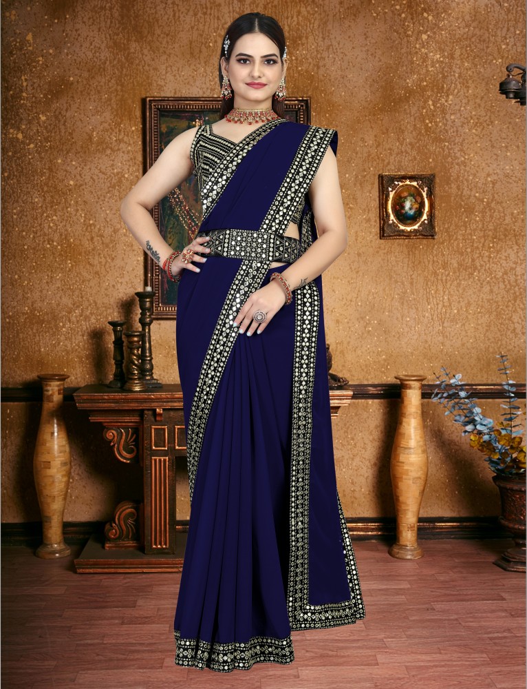 Sequence Solid/Plain Bollywood Georgette, Silk Blend Saree (Navy