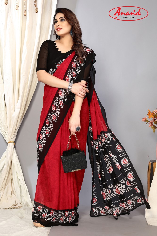 Pretty Combination of Red & Black Color Chiffon Saree