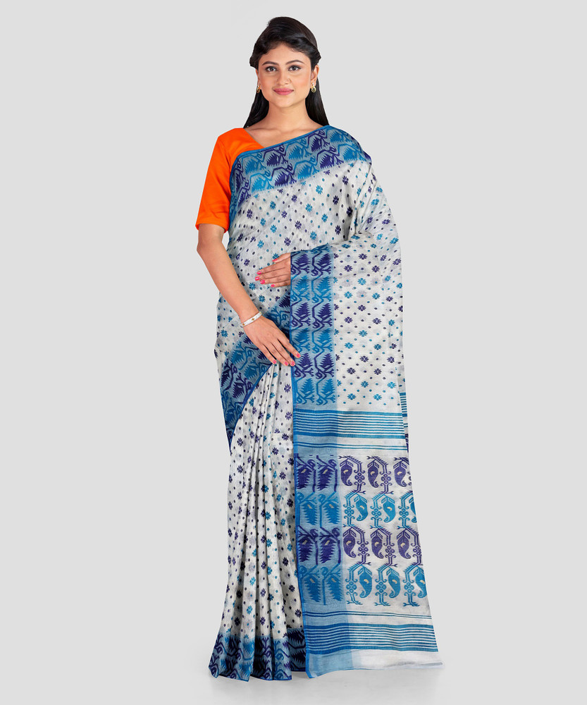 Buy Mayabi Woven Jamdani Cotton Silk White Sarees Online Best