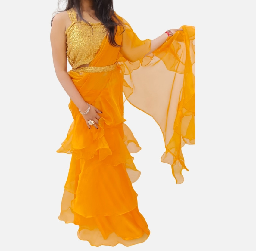 Buy Feshomania Solid Plain Bollywood Organza Yellow Sarees Online