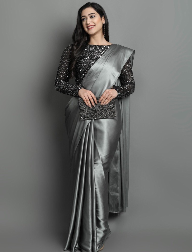 Plain Satin Silk Saree With Velvet Sequence Work Blouse - OFFER