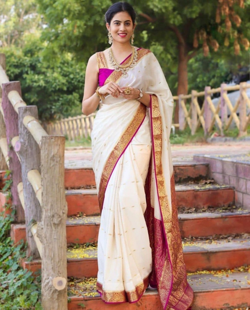 Buy Off White N Pink Kanjeevaram Silk Weaving Saree Festive Wear Online at  Best Price | Cbazaar