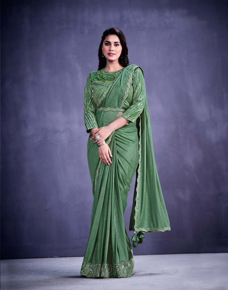 Buy MAHOTSAV Solid Plain Bollywood Net Dark Green Sarees Online
