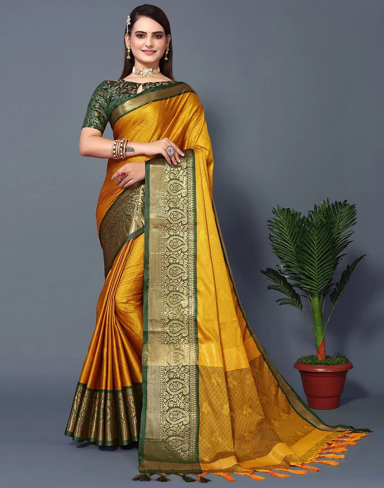 Buy VATRIKA Woven Temple Border Kanjivaram Pure Silk Cotton Silk Mustard Green Sarees Online Best Price In India Flipkart