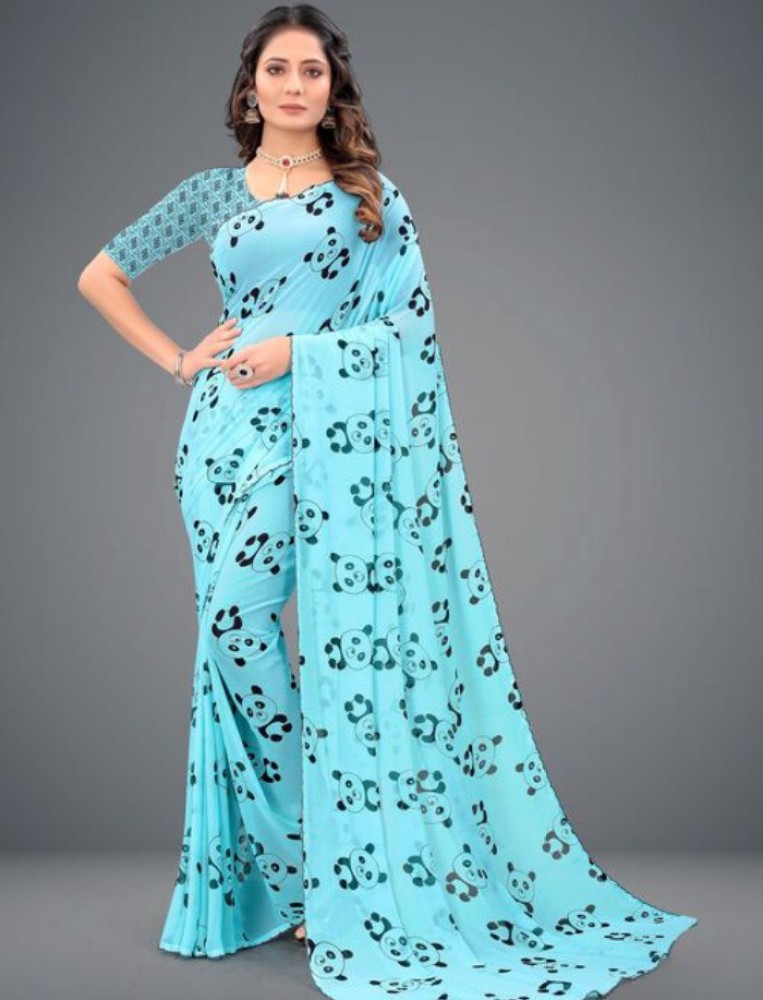 Buy DAPS Printed Daily Wear Georgette Light Blue Sarees Online