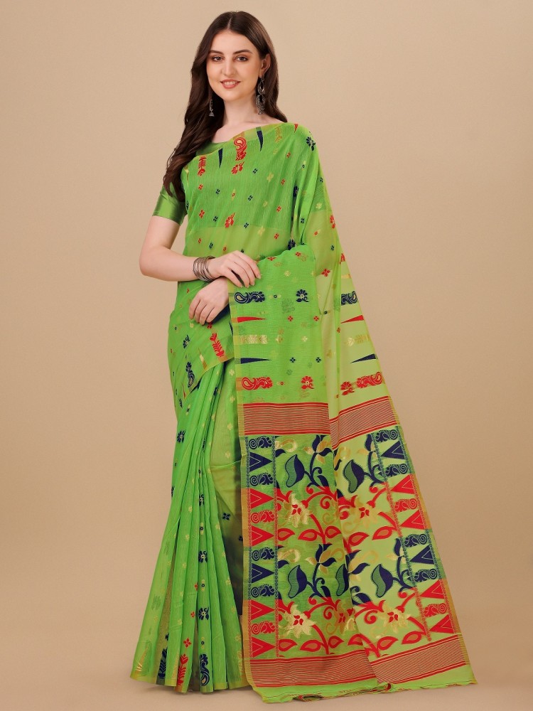 Buy ZIKARAA Floral Print Jamdani Cotton Blend Light Green Sarees