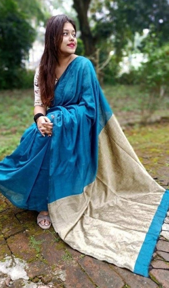 Buy SUBHODHARASAREE Solid/Plain Handloom Cotton Blend Light Blue Sarees  Online @ Best Price In India