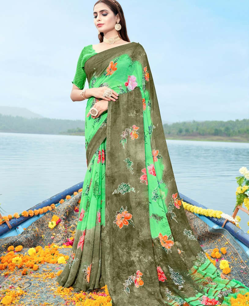 Light green georgette solid saree with unstitched blouse piece - Mahotsav E  Solution - 4159546