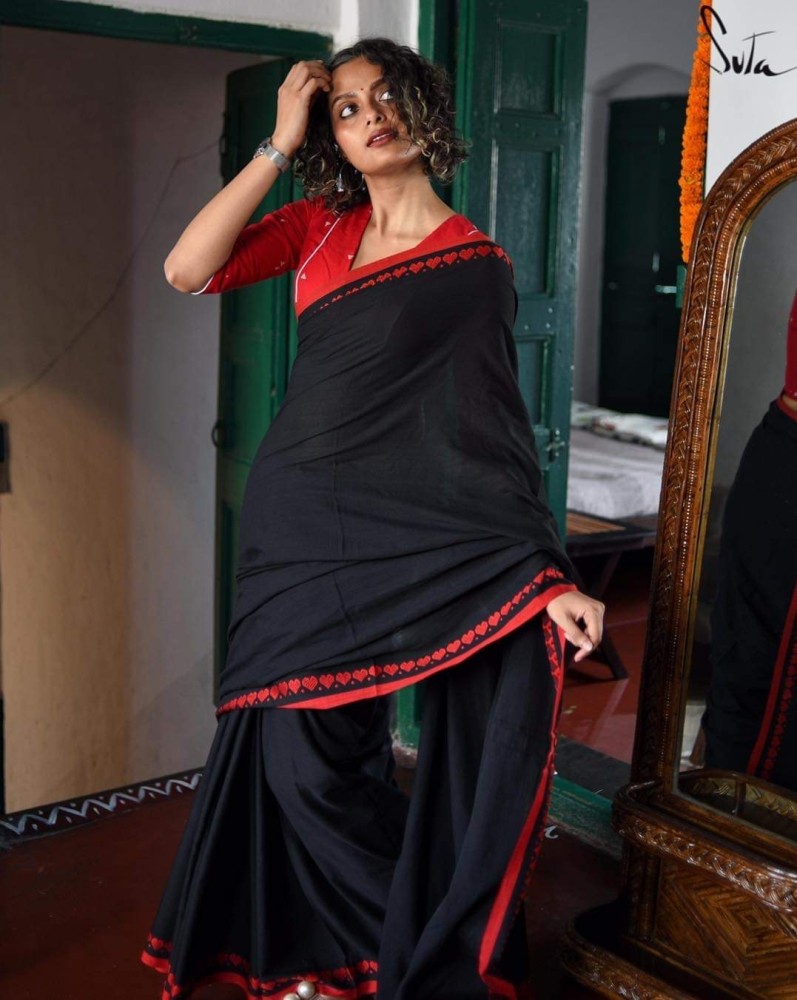 Solid/Plain Handloom Cotton Silk Plain Saree With Red Border For