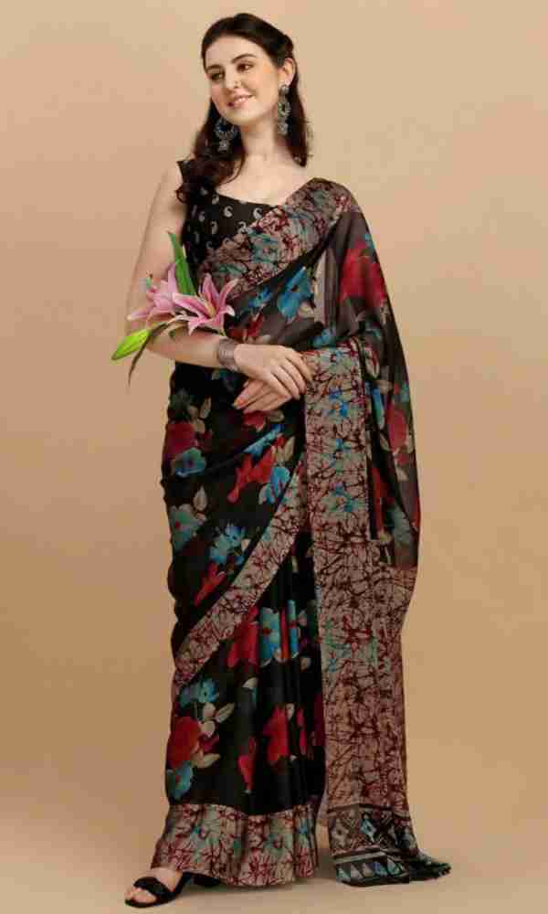 Black Floral Print Chiffon Saree