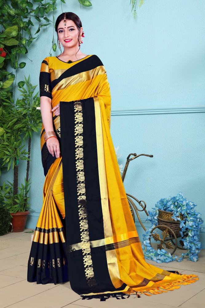 Black with Yellow Pure Handwoven Tussar Silk Saree with Zari Border – Looms  Legacy